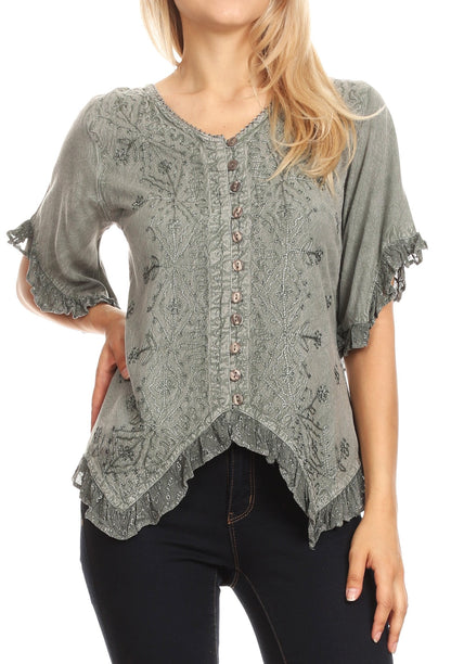 Sakkas Adela Womens 3/4 Sleeve V neck Lace and Embroidery Top Blouse with Ties Grey