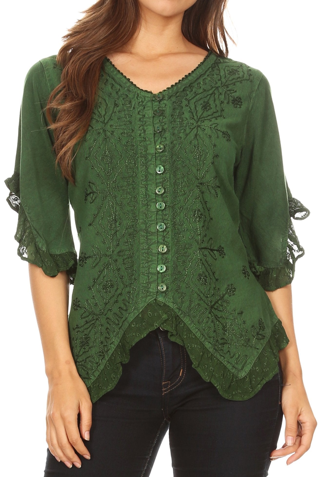 Sakkas Adela Womens 3/4 Sleeve V neck Lace and Embroidery Top Blouse with Ties Green