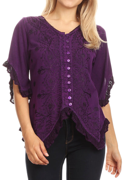 Sakkas Adela Womens 3/4 Sleeve V neck Lace and Embroidery Top Blouse with Ties Purple