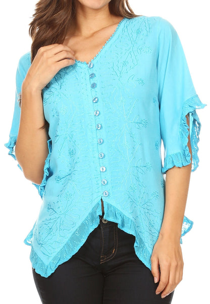 Sakkas Adela Womens 3/4 Sleeve V neck Lace and Embroidery Top Blouse with Ties Turquoise
