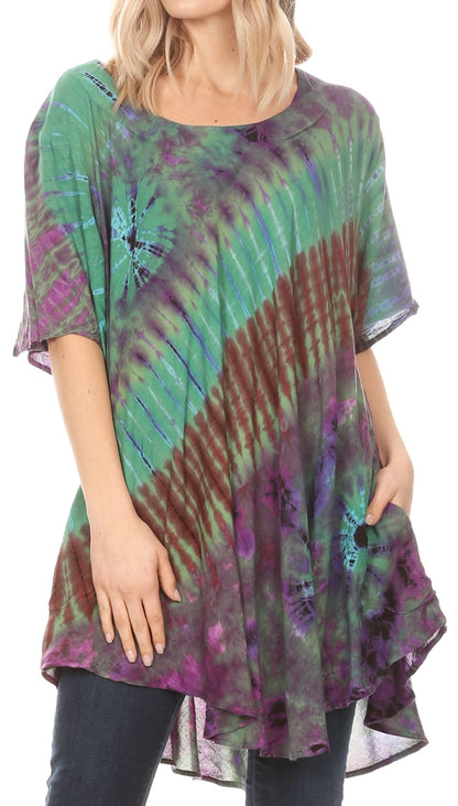 Sakkas Yara Women's Casual Loose Oversize Short Sleeve Scoop Neck Blouse Top Tunic One Size Green