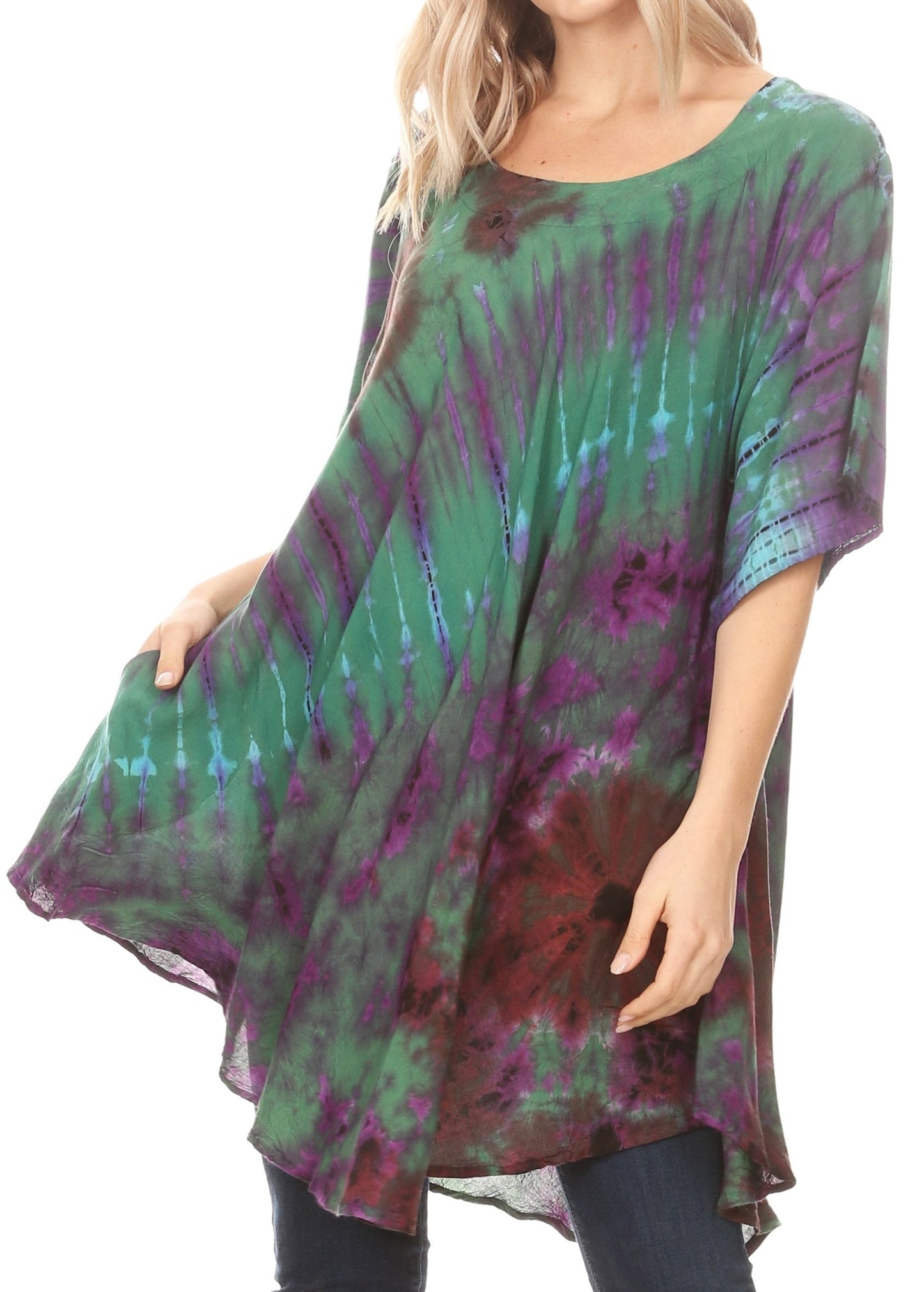 Sakkas Yara Women's Casual Loose Oversize Short Sleeve Scoop Neck Blouse Top Tunic One Size OliveGreen