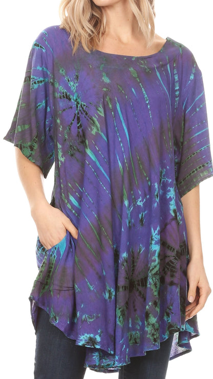Sakkas Yara Women's Casual Loose Oversize Short Sleeve Scoop Neck Blouse Top Tunic One Size Purple