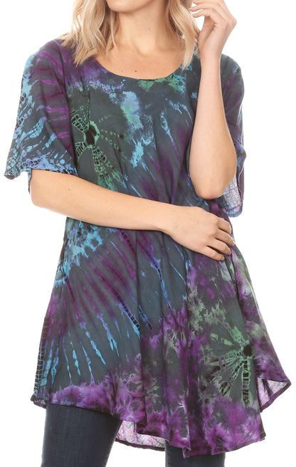 Sakkas Yara Women's Casual Loose Oversize Short Sleeve Scoop Neck Blouse Top Tunic One Size Teal