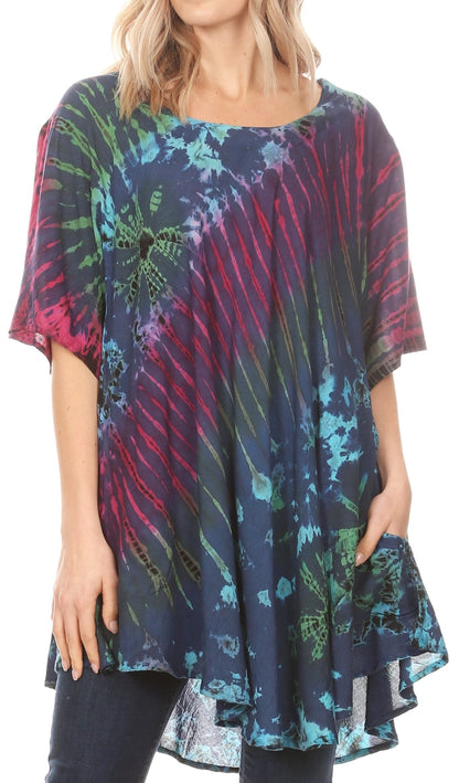 Sakkas Yara Women's Casual Loose Oversize Short Sleeve Scoop Neck Blouse Top Tunic One Size Teal Pink