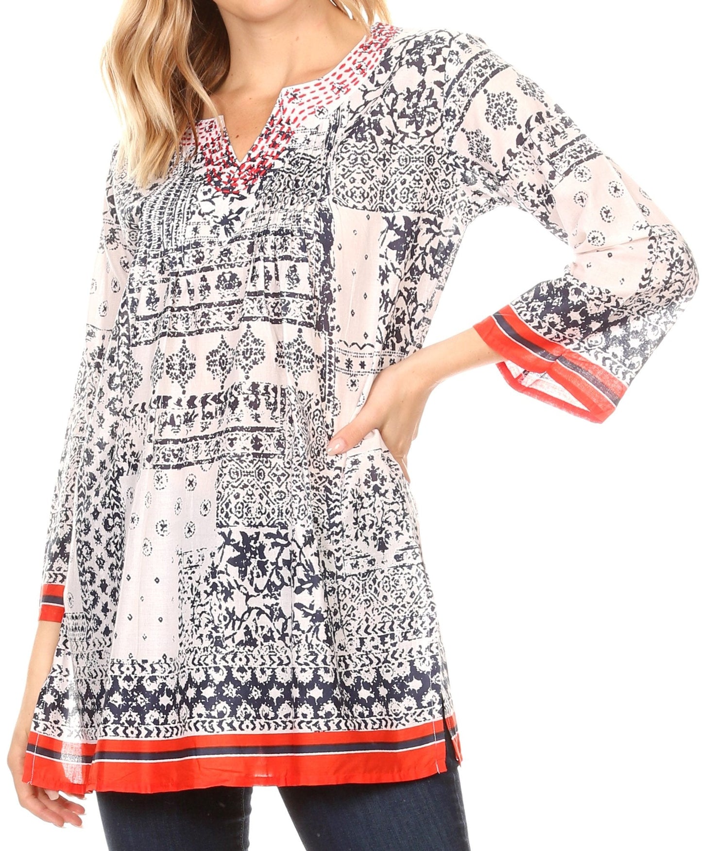 Sakkas Sasa Women's Casual Summer Cotton 3/4 Sleeve Print Loose Tunic Top Blouse 19918-NavyWhite