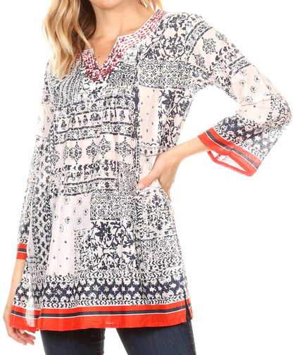 Sakkas Sasa Women's Casual Summer Cotton 3/4 Sleeve Print Loose Tunic Top Blouse 19918-NavyWhite