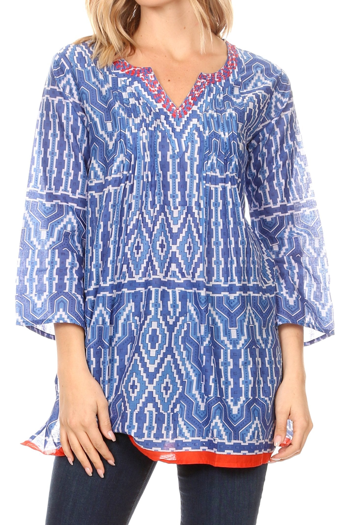 Sakkas Sasa Women's Casual Summer Cotton 3/4 Sleeve Print Loose Tunic Top Blouse 19919-AztecBlue