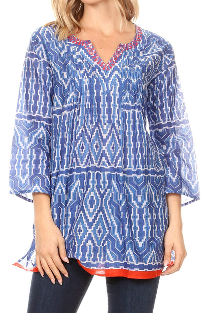 Sakkas Sasa Women's Casual Summer Cotton 3/4 Sleeve Print Loose Tunic Top Blouse 19919-AztecBlue