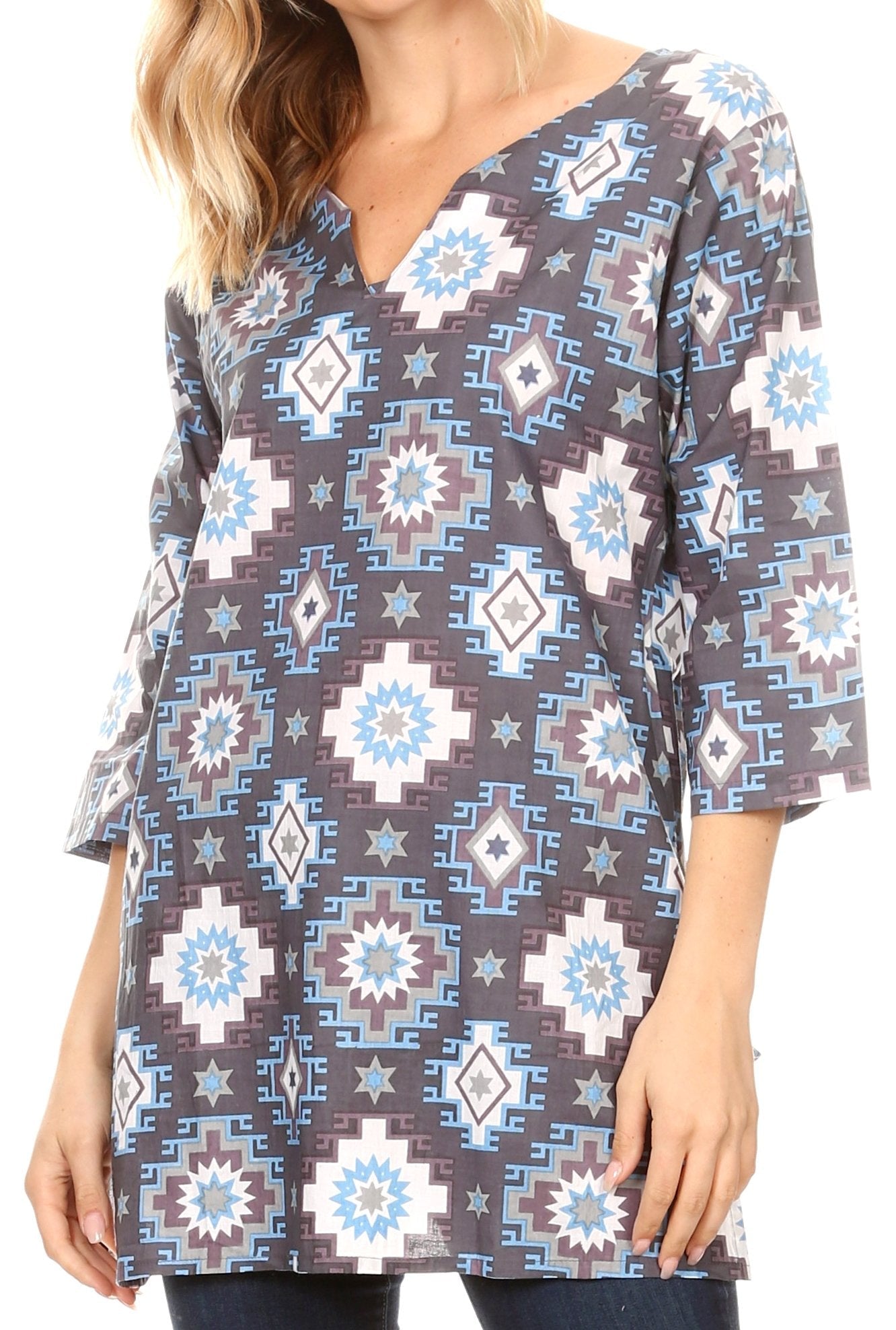 Sakkas Sasa Women's Casual Summer Cotton 3/4 Sleeve Print Loose Tunic Top Blouse 19921-AztecBlue