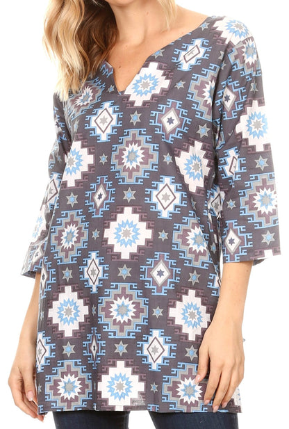 Sakkas Sasa Women's Casual Summer Cotton 3/4 Sleeve Print Loose Tunic Top Blouse 19921-AztecBlue
