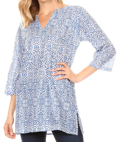 Sakkas Sasa Women's Casual Summer Cotton 3/4 Sleeve Print Loose Tunic Top Blouse 19922-TileBlue