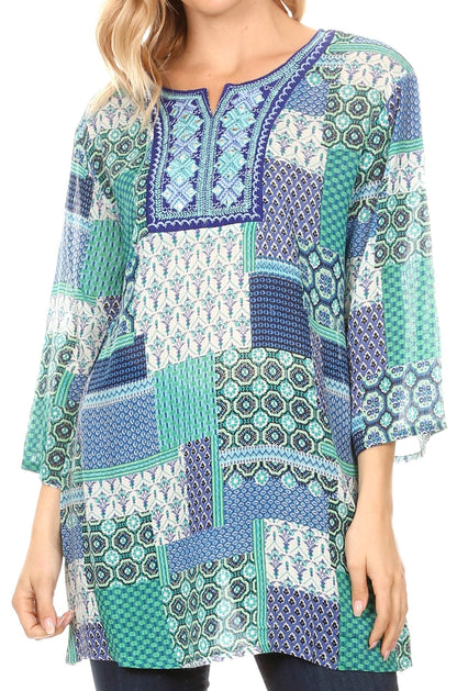 Sakkas Matia Women's Casual Summer Cotton Long Sleeve Print Loose Tunic Top Blouse 19923-Blue