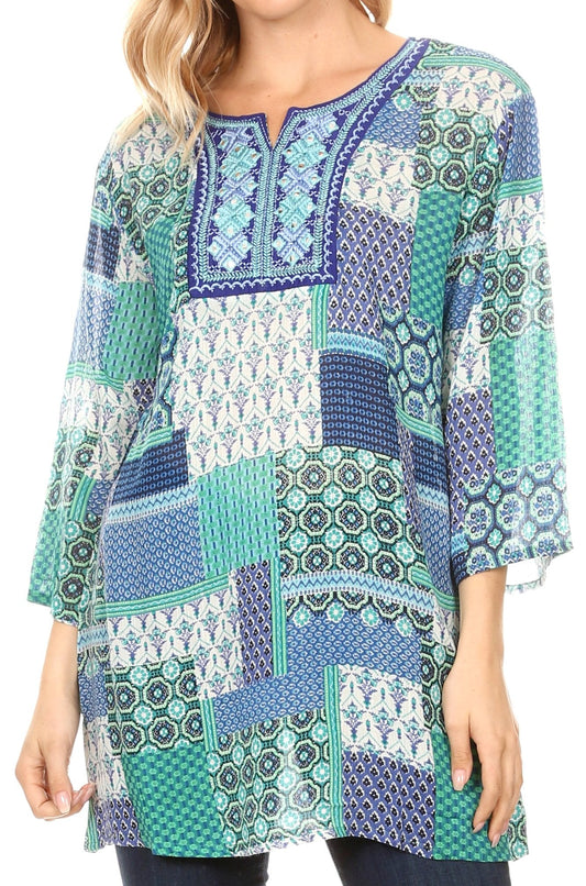 Sakkas Matia Women's Casual Summer Cotton Long Sleeve Print Loose Tunic Top Blouse 19923-Blue