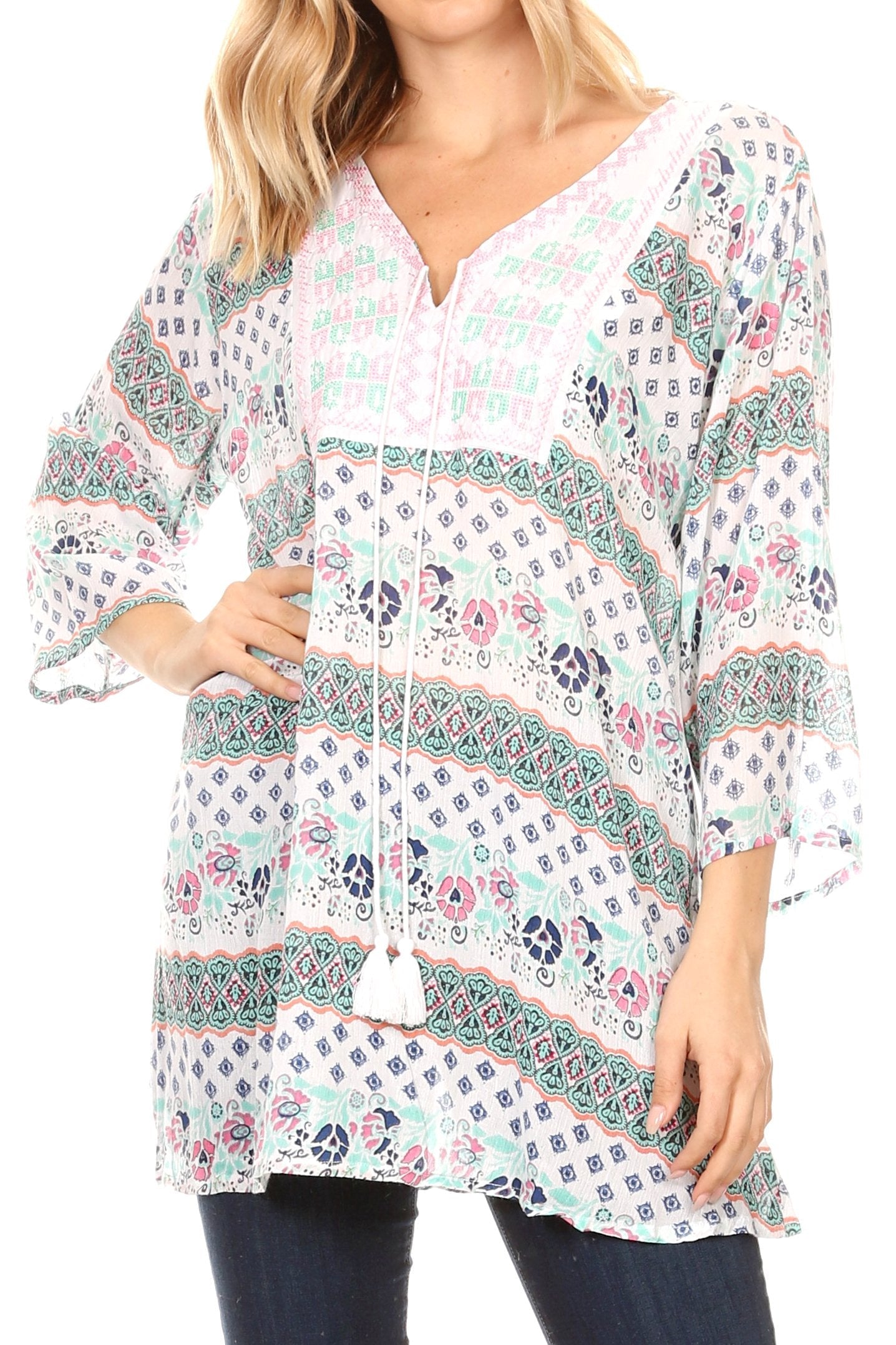 Sakkas Matia Women's Casual Summer Cotton Long Sleeve Print Loose Tunic Top Blouse 19924-Pink