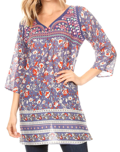 Sakkas Matia Women's Casual Summer Cotton Long Sleeve Print Loose Tunic Top Blouse Blue