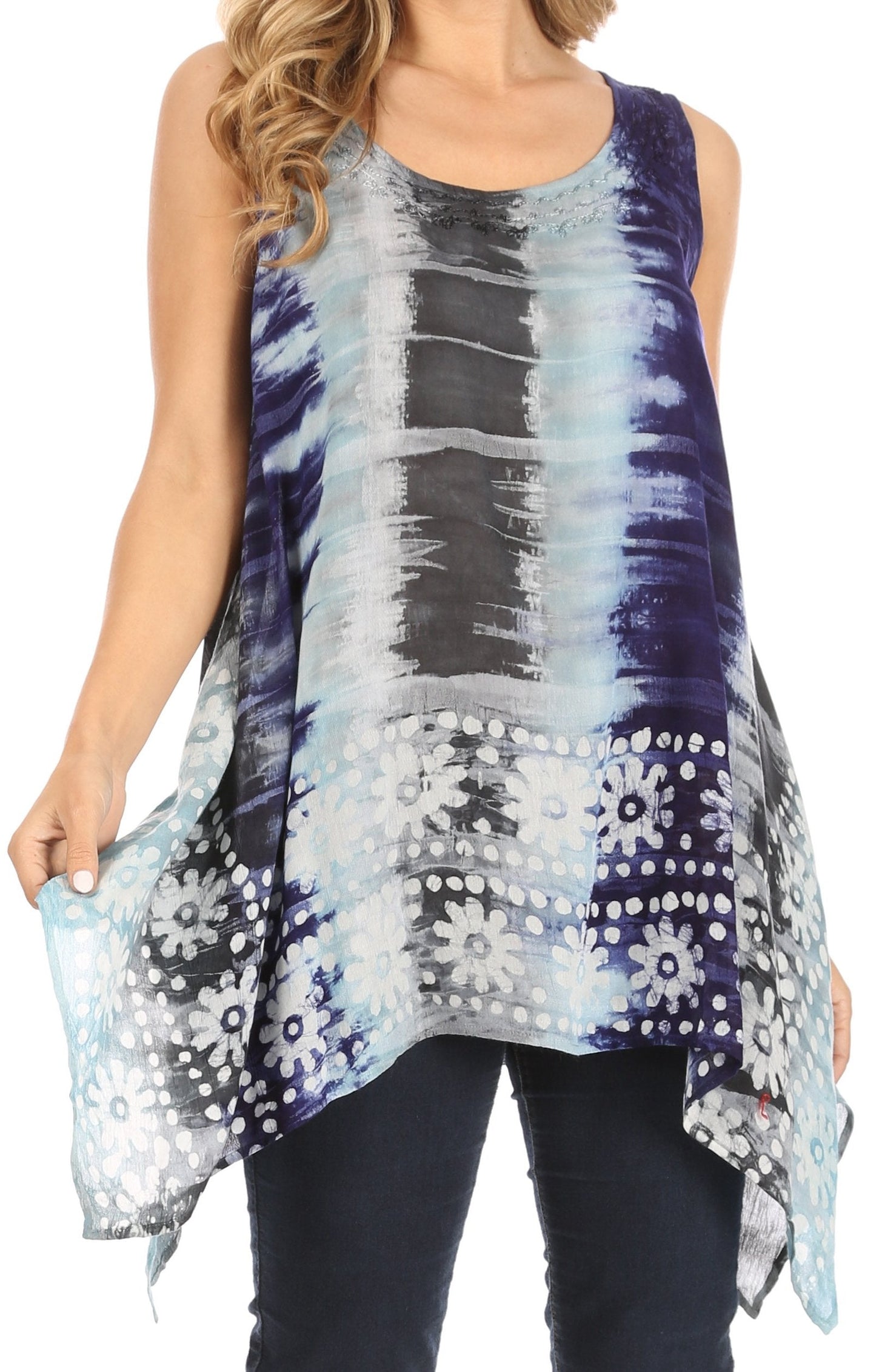 Sakkas Marin Women's Sleeveless Loose Boho Casual Tank Top Blouse Tie-dye & Batik One Size Turquoise