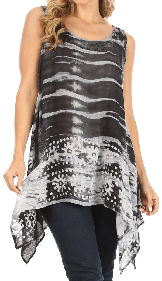 Sakkas Marin Women's Sleeveless Loose Boho Casual Tank Top Blouse Tie-dye & Batik One Size Black
