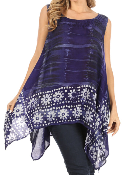 Sakkas Marin Women's Sleeveless Loose Boho Casual Tank Top Blouse Tie-dye & Batik One Size Navy