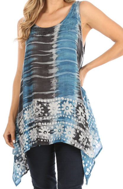 Sakkas Marin Women's Sleeveless Loose Boho Casual Tank Top Blouse Tie-dye & Batik One Size TealBlue