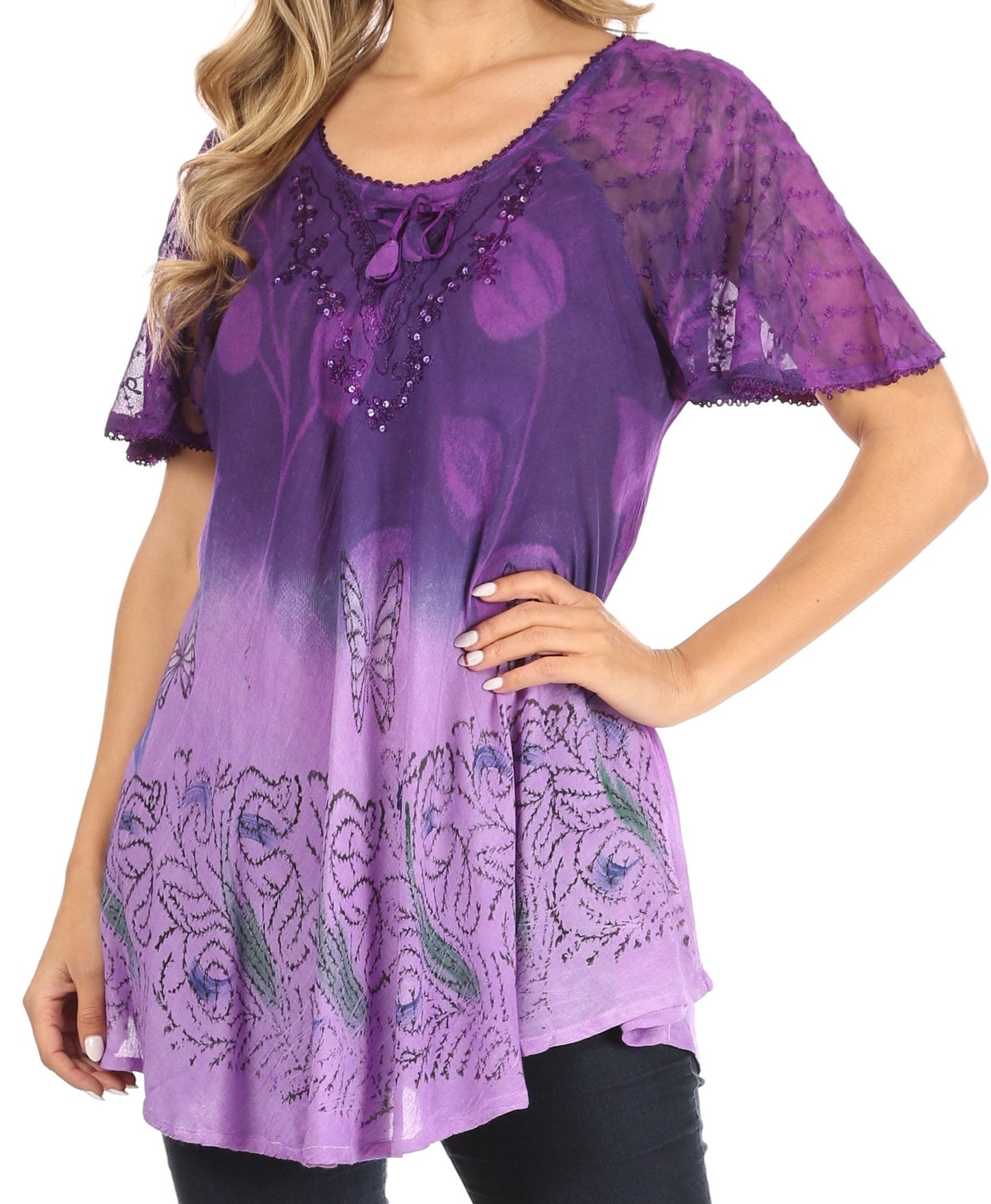 Sakkas Petra Women's Casual Loose Flared Corset Short Sleeve Lace Blouse Top Tunic 2202-Purple