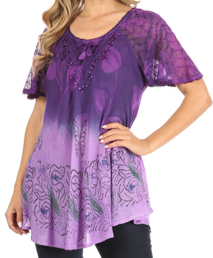 Sakkas Petra Women's Casual Loose Flared Corset Short Sleeve Lace Blouse Top Tunic 2202-Purple
