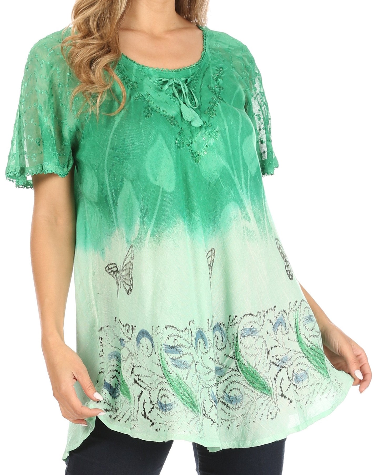 Sakkas Petra Women's Casual Loose Flared Corset Short Sleeve Lace Blouse Top Tunic 2202-SeaGreen