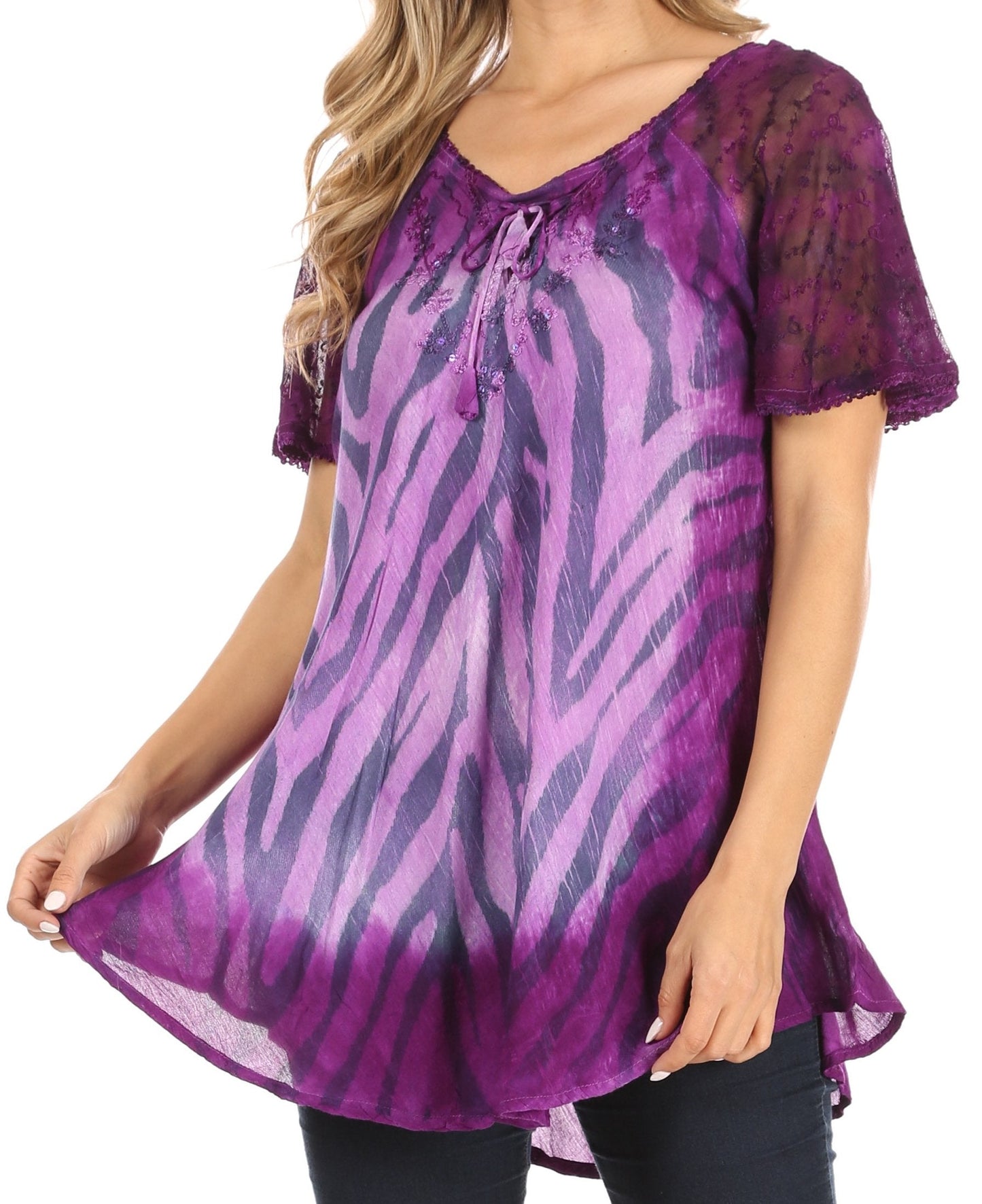 Sakkas Petra Women's Casual Loose Flared Corset Short Sleeve Lace Blouse Top Tunic 2206-Purple