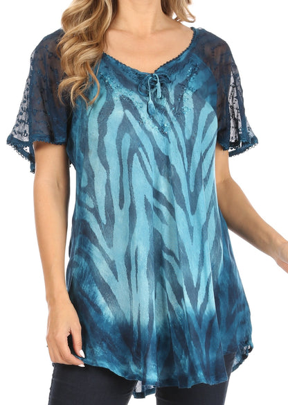 Sakkas Petra Women's Casual Loose Flared Corset Short Sleeve Lace Blouse Top Tunic 2206-TealBlue