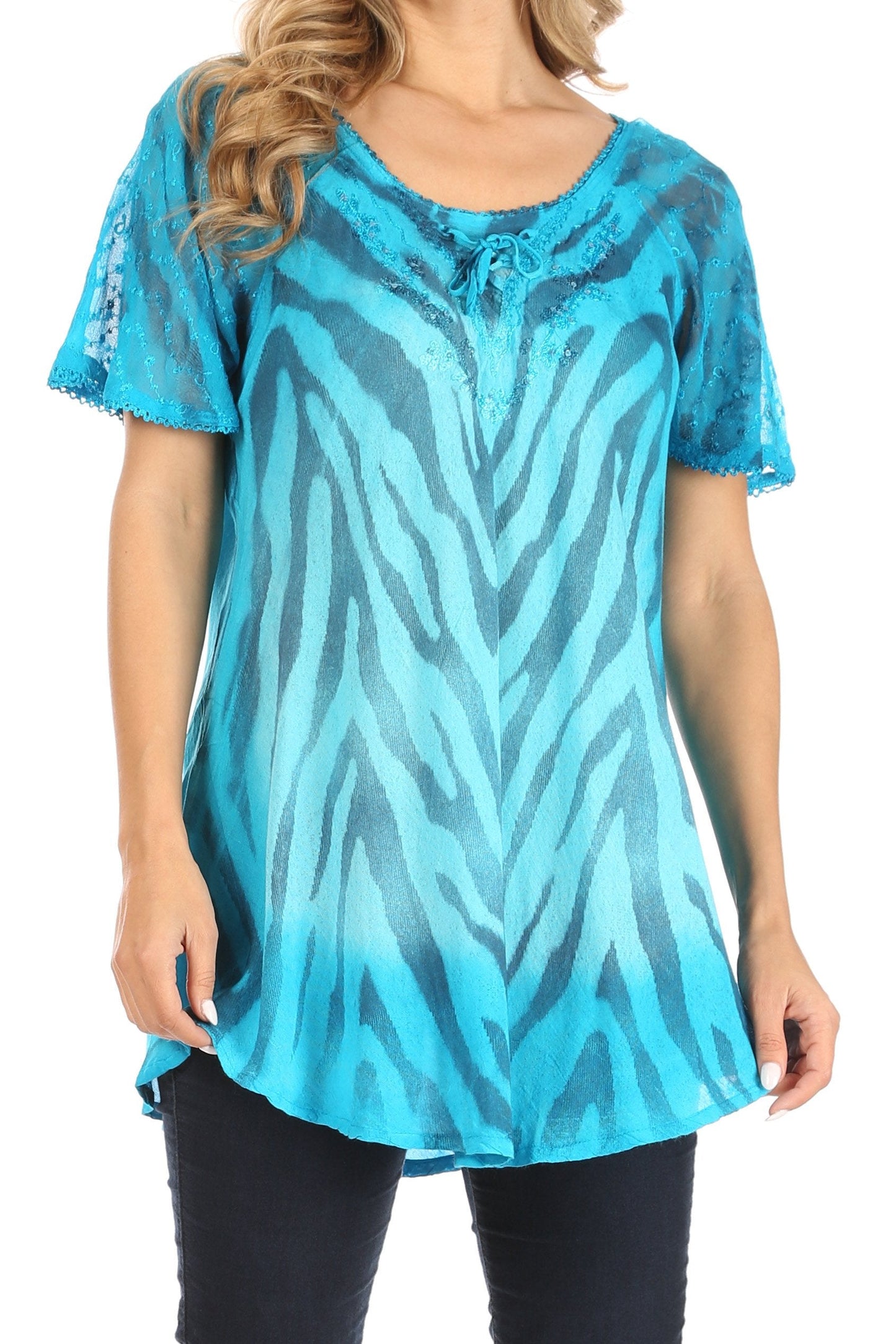 Sakkas Petra Women's Casual Loose Flared Corset Short Sleeve Lace Blouse Top Tunic 2206-Turquoise