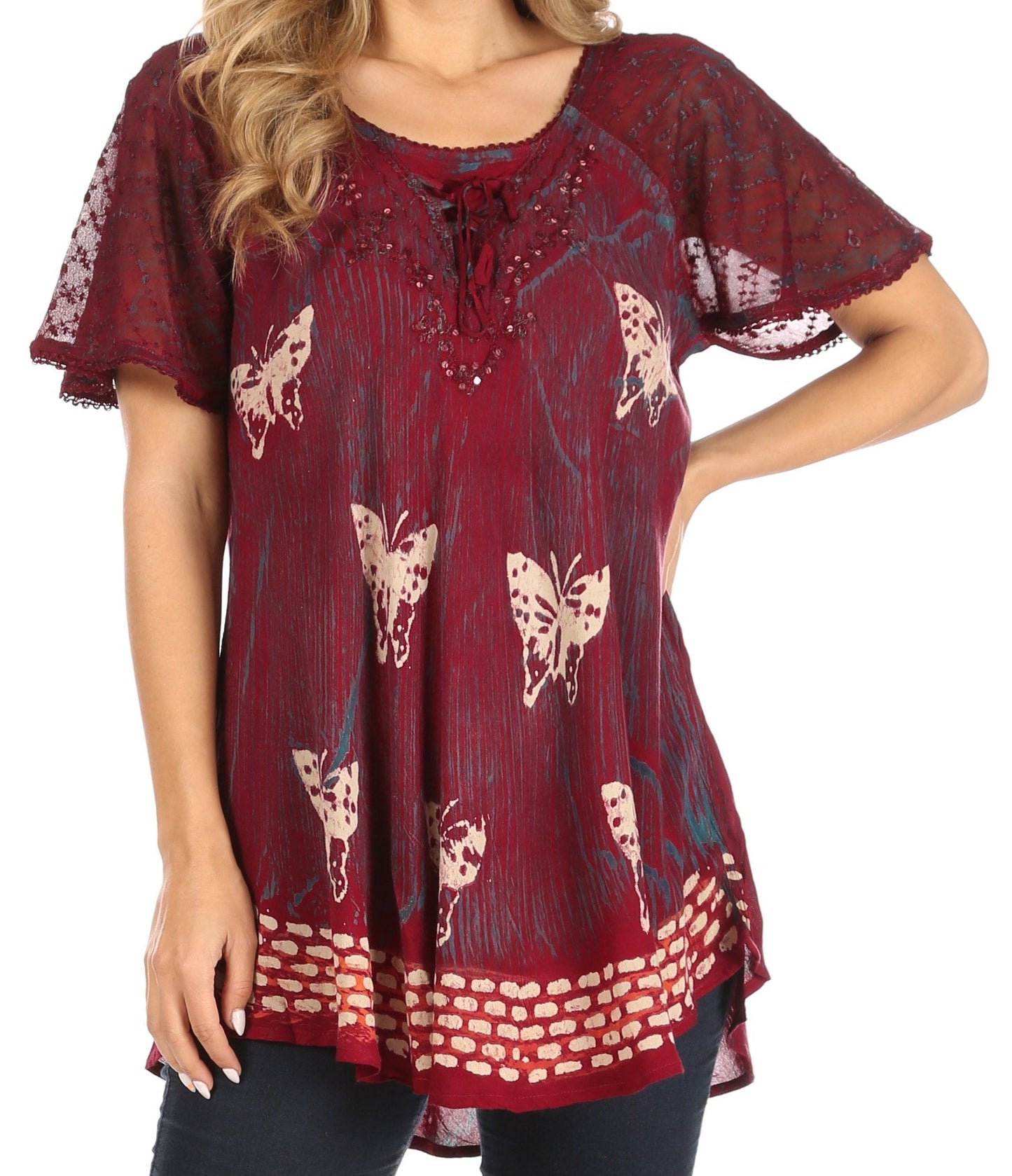 Sakkas Petra Women's Casual Loose Flared Corset Short Sleeve Lace Blouse Top Tunic 2207-Burgundy