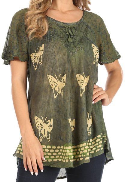 Sakkas Petra Women's Casual Loose Flared Corset Short Sleeve Lace Blouse Top Tunic 2207-Green