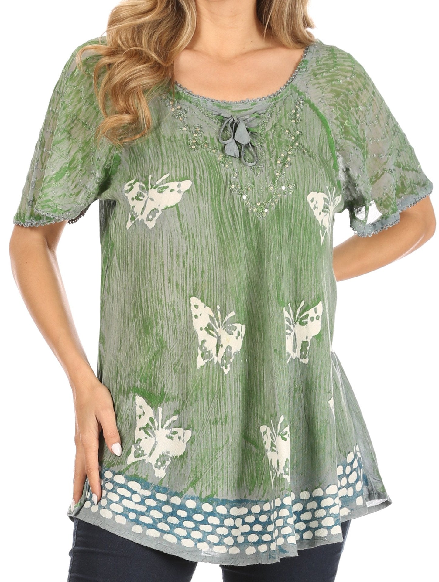 Sakkas Petra Women's Casual Loose Flared Corset Short Sleeve Lace Blouse Top Tunic 2207-LtGreen