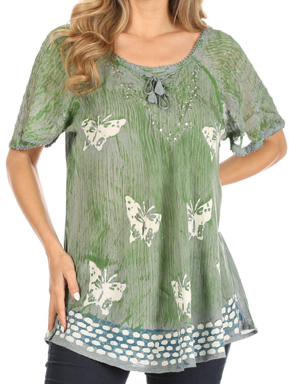 Sakkas Petra Women's Casual Loose Flared Corset Short Sleeve Lace Blouse Top Tunic 2207-LtGreen