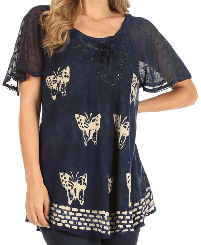 Sakkas Petra Women's Casual Loose Flared Corset Short Sleeve Lace Blouse Top Tunic 2207-Navy