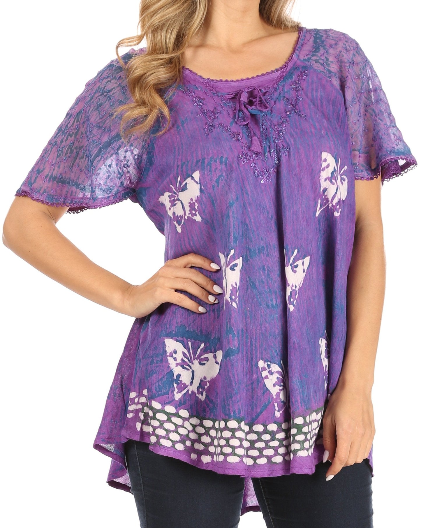 Sakkas Petra Women's Casual Loose Flared Corset Short Sleeve Lace Blouse Top Tunic 2207-Purple