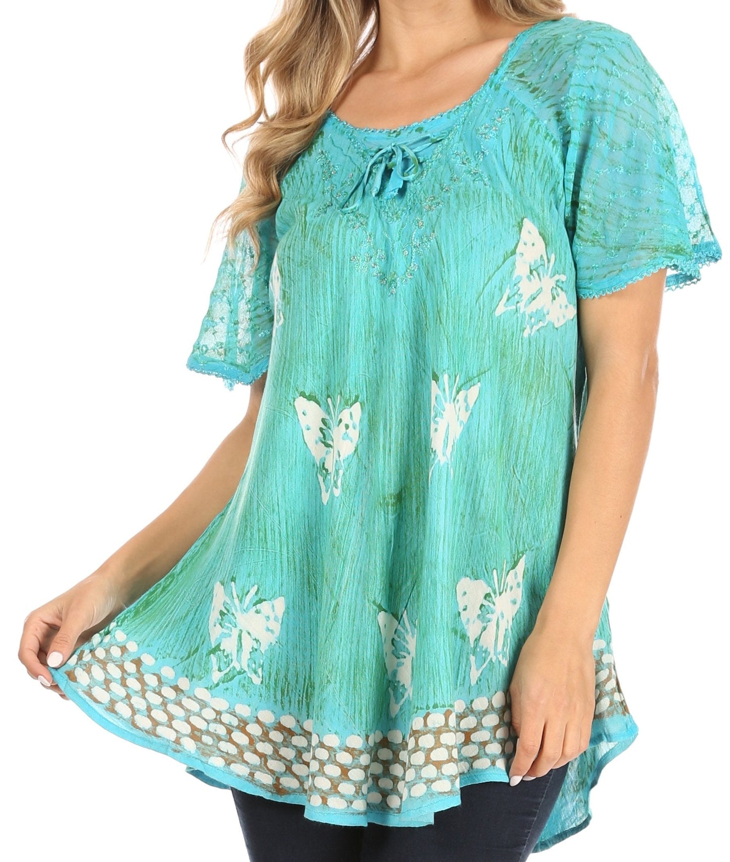 Sakkas Petra Women's Casual Loose Flared Corset Short Sleeve Lace Blouse Top Tunic 2207-SeaGreen