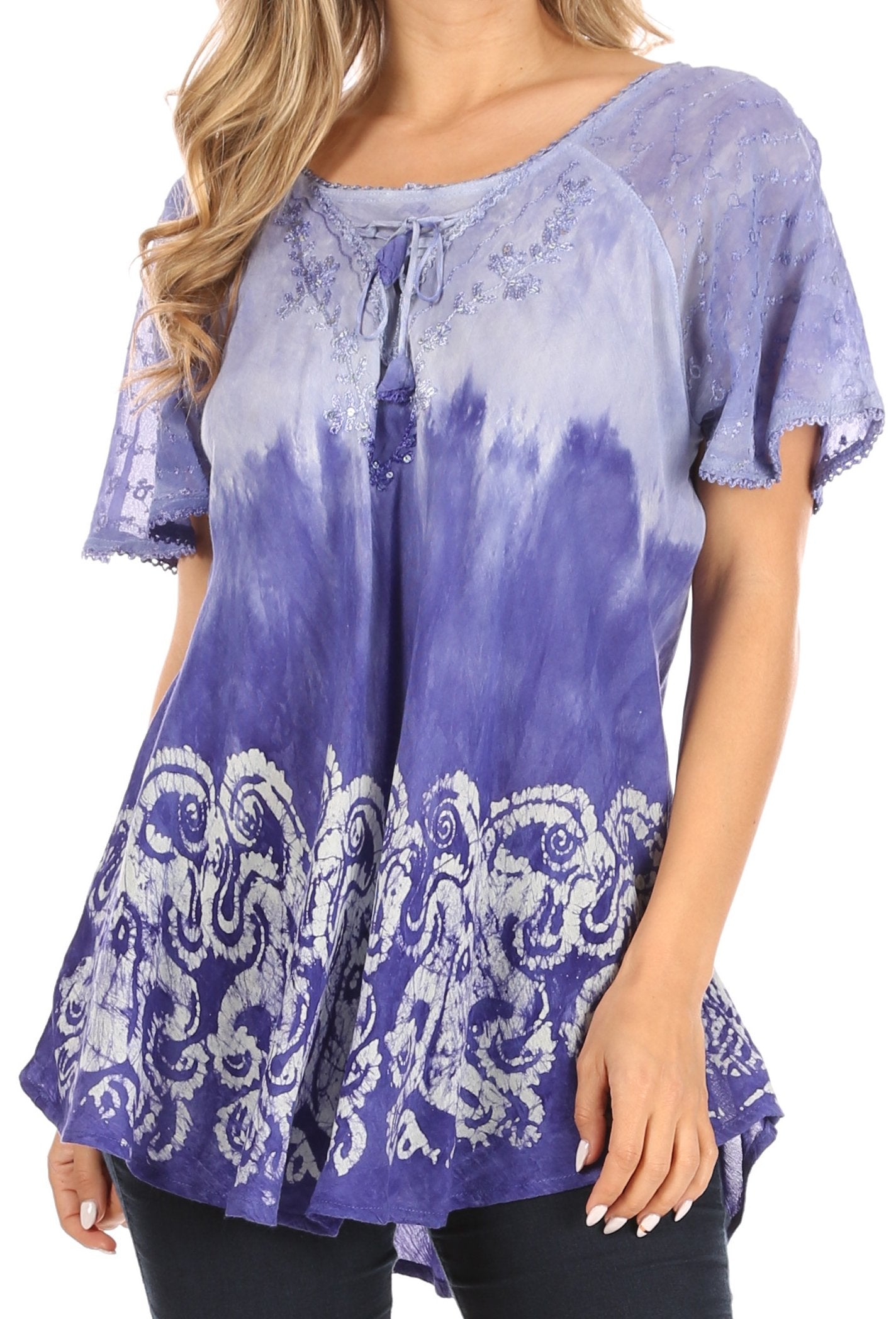 Sakkas Petra Women's Casual Loose Flared Corset Short Sleeve Lace Blouse Top Tunic 2211-Blue