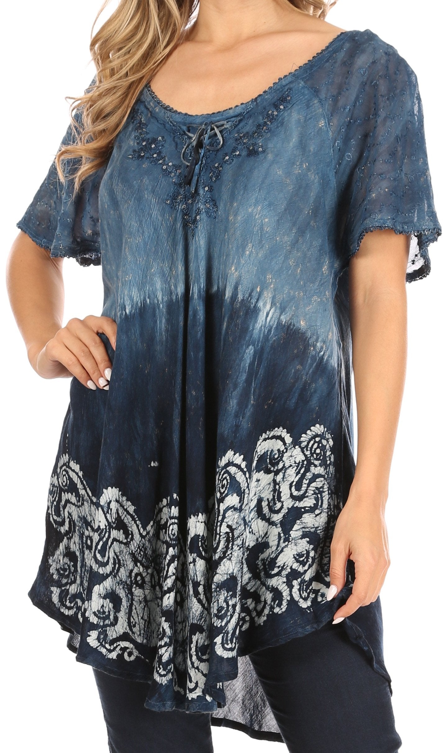 Sakkas Petra Women's Casual Loose Flared Corset Short Sleeve Lace Blouse Top Tunic 2211-GreyBlack