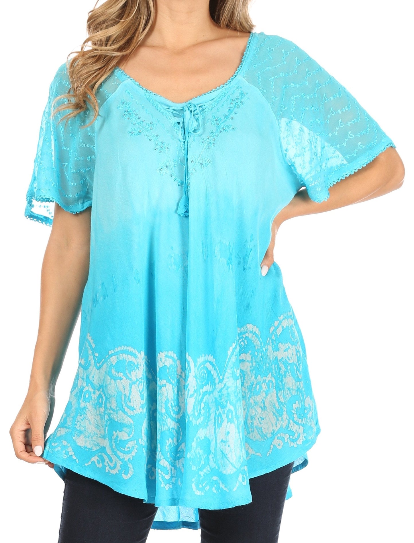 Sakkas Petra Women's Casual Loose Flared Corset Short Sleeve Lace Blouse Top Tunic 2211-Turquoise