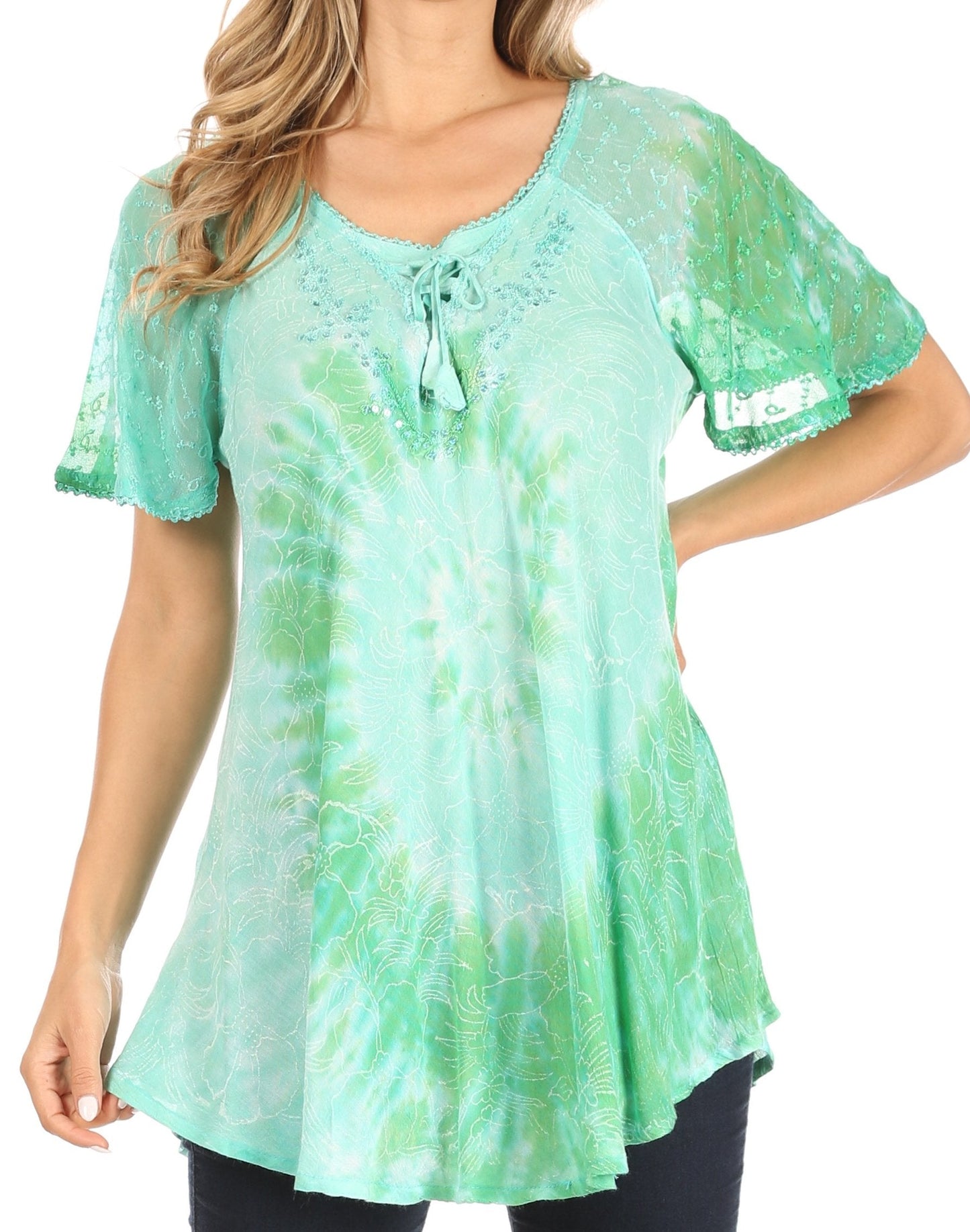 Sakkas Petra Women's Casual Loose Flared Corset Short Sleeve Lace Blouse Top Tunic SeaGreen