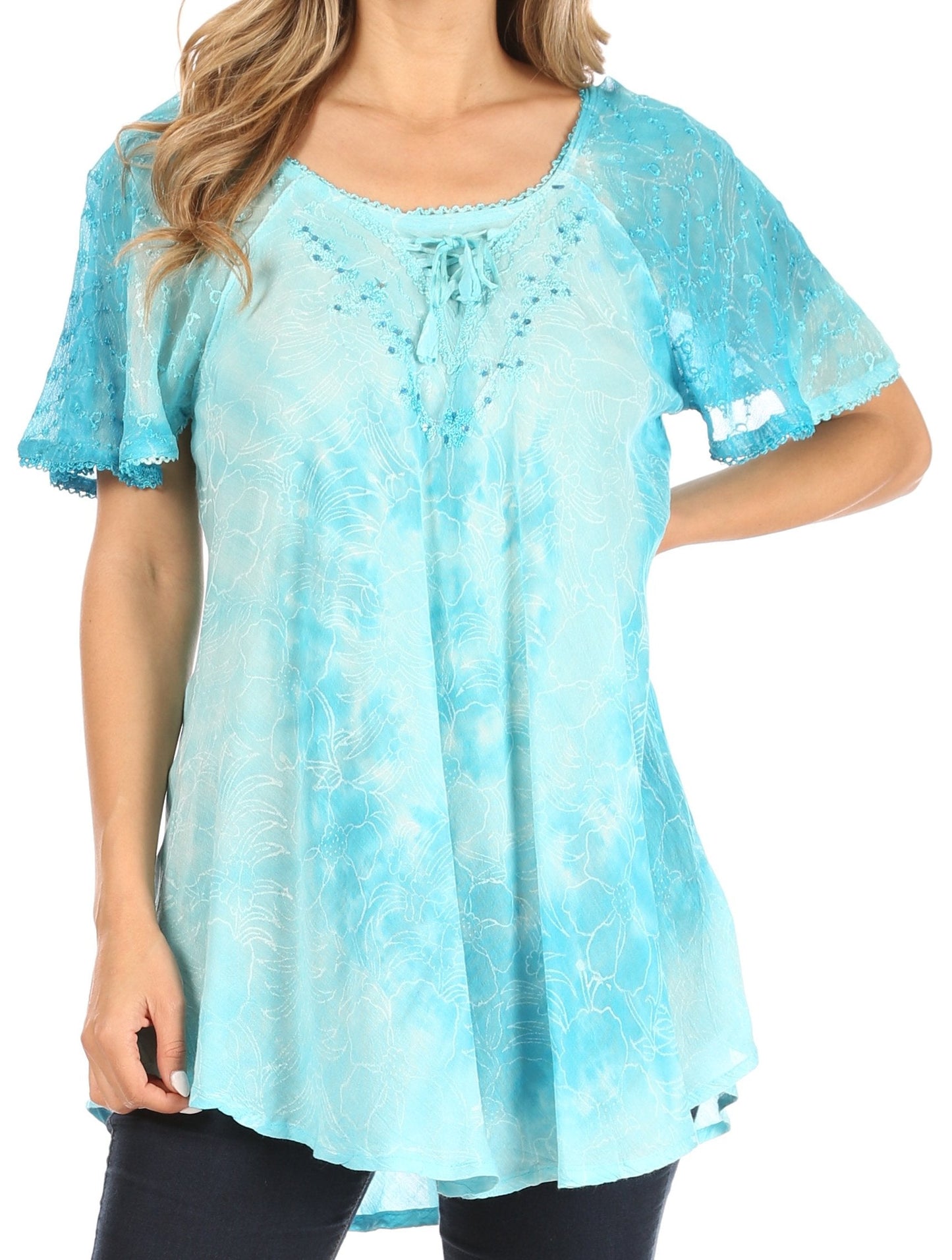 Sakkas Petra Women's Casual Loose Flared Corset Short Sleeve Lace Blouse Top Tunic Turquoise