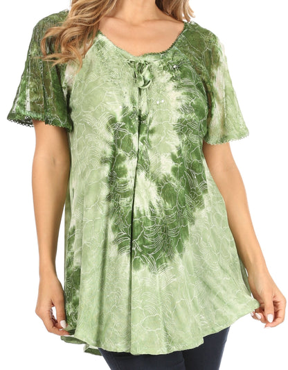 Sakkas Petra Women's Casual Loose Flared Corset Short Sleeve Lace Blouse Top Tunic Green