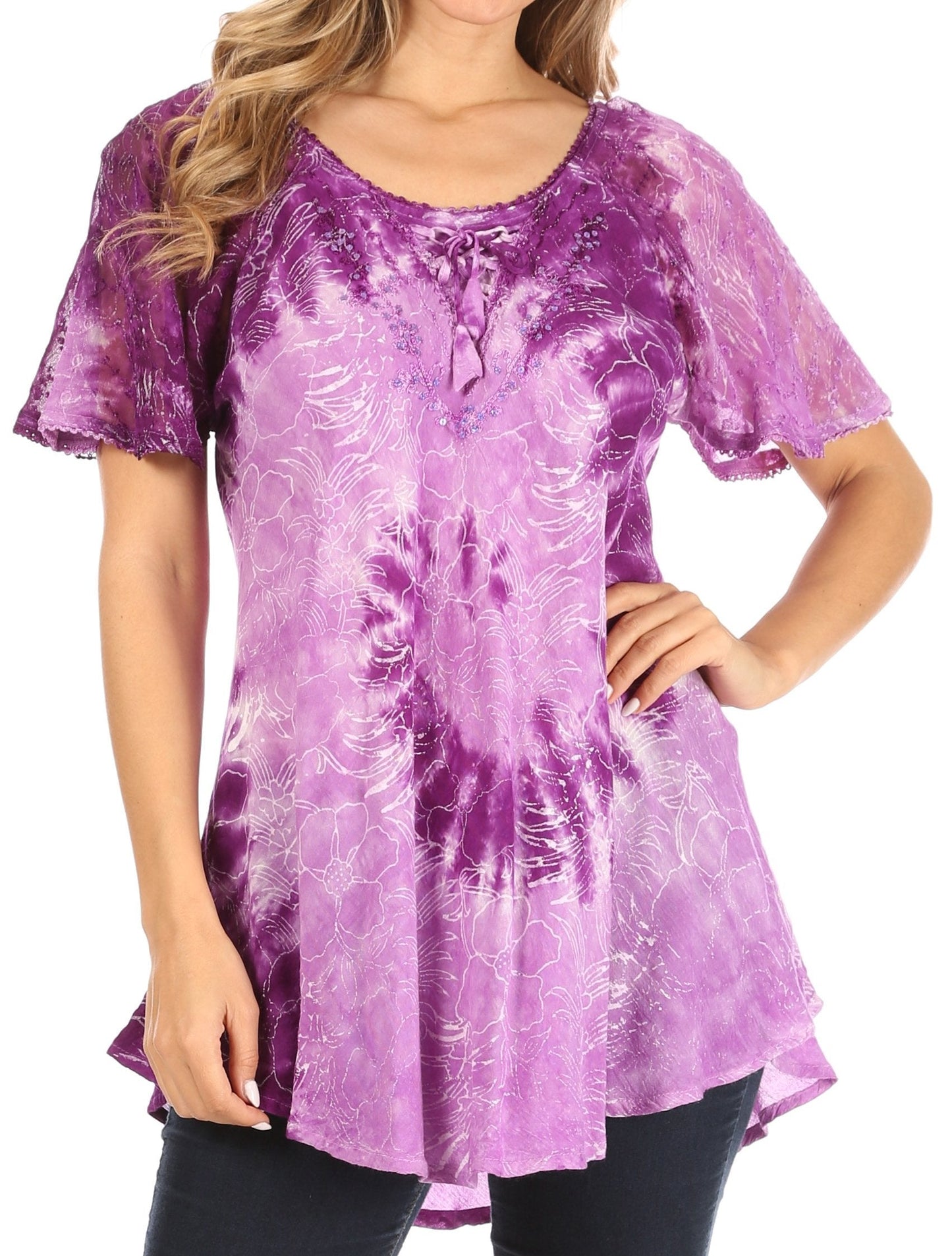 Sakkas Petra Women's Casual Loose Flared Corset Short Sleeve Lace Blouse Top Tunic Purple