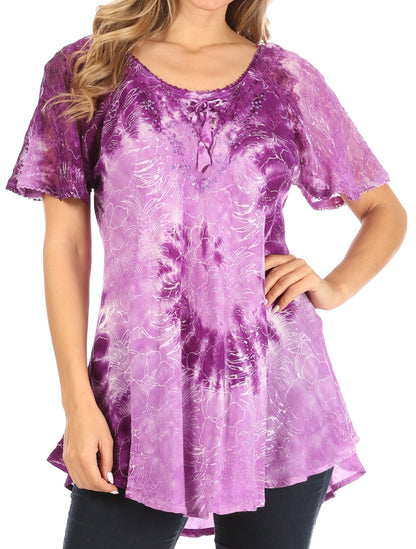 Sakkas Petra Women's Casual Loose Flared Corset Short Sleeve Lace Blouse Top Tunic Purple
