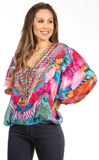 Women's Boho Floral Tunic Top with V-Neck and Elastic Sleeves by Sakkas Sante 584-Pink