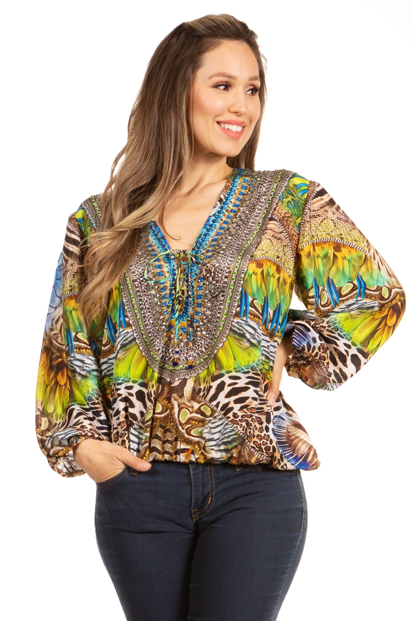 Women's Boho Floral Tunic Top with V-Neck and Elastic Sleeves by Sakkas Sante 585-Green