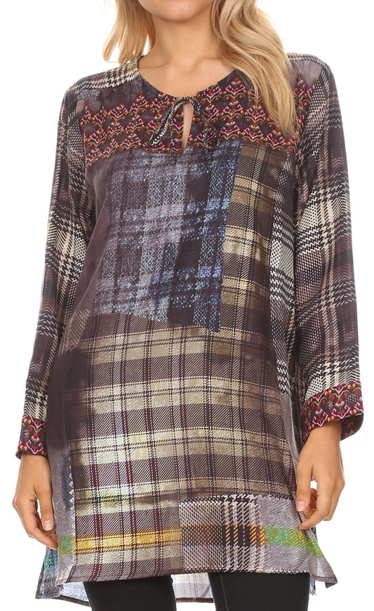 Sakkas Ida Womens Peasant Boho Tunic Blouse Top with Long Sleeves & Embellishing GBK189-Black