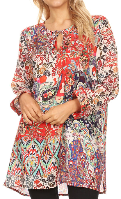 Sakkas Ida Womens Peasant Boho Tunic Blouse Top with Long Sleeves & Embellishing ORM188-Multi