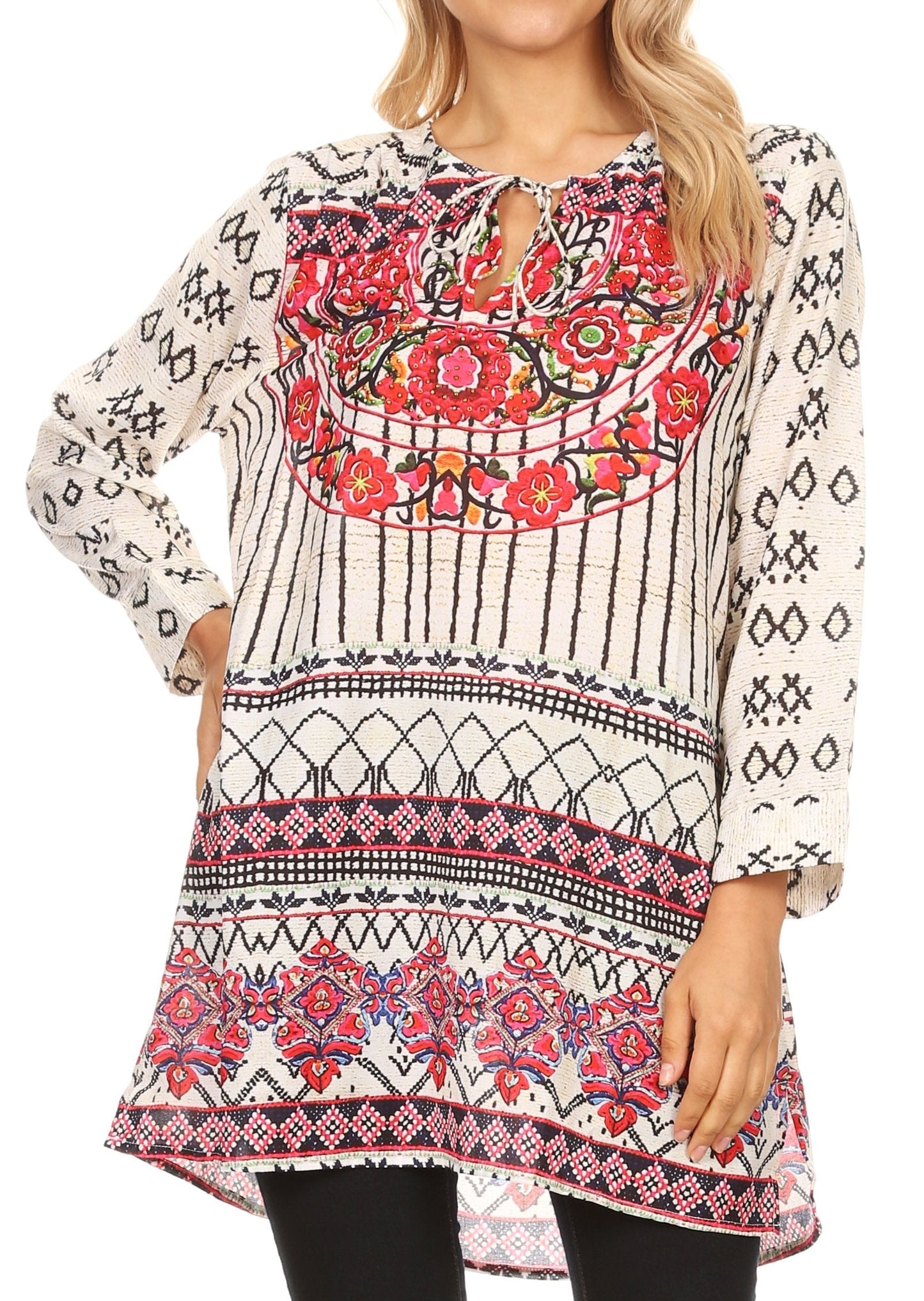 Sakkas Ida Womens Peasant Boho Tunic Blouse Top with Long Sleeves & Embellishing UW190-White